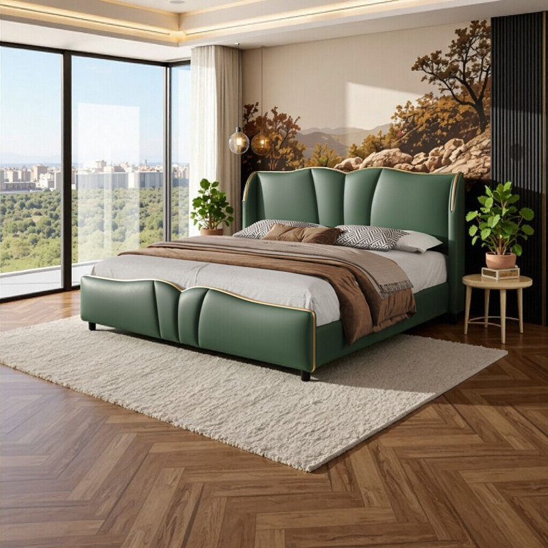 Élégante base de lit tapissier en cuir grand format avec tête de lit à oreilles et pied de lit ondulé - vert foncé