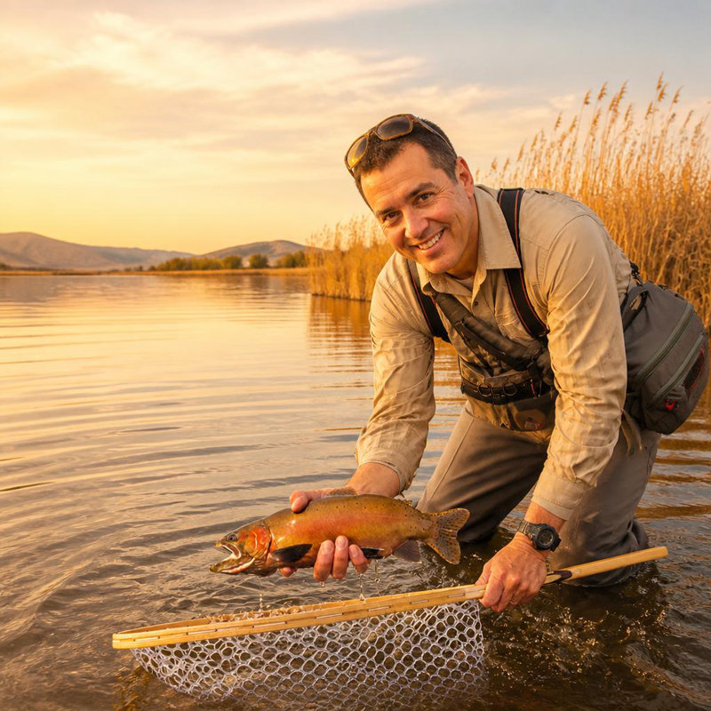 Fly Fishing Landing Net, Soft White Rubber Mesh Trout Net with Wooden Handle Frame, Catch and Release Fish Net for Rivers, Lakes, and Streams