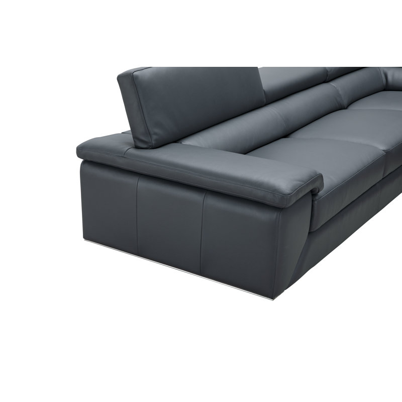 155" Wide Genuine Leather Sofa & Chaise, Blue/Gray Genuine Leather, Left Hand Facing