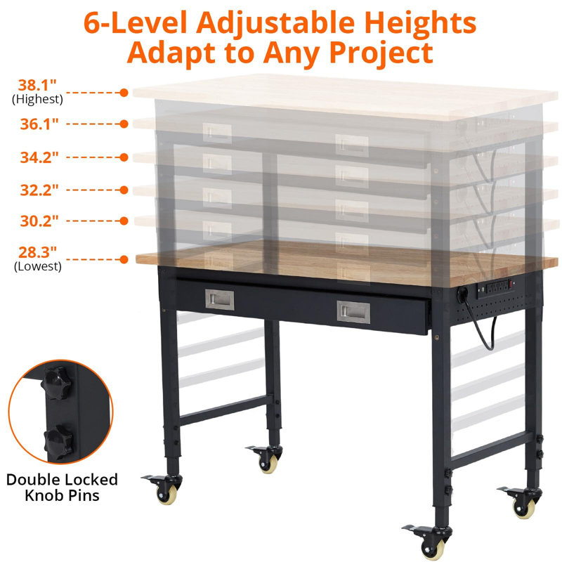 48'' W Manufactured Wood Top Height-Adjustable Workbench with Wheels