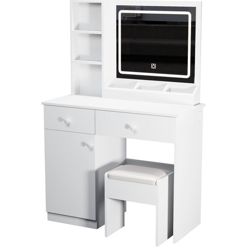 Coiffeuse de maquillage avec miroir et lumières - 3 modes de couleur, éclairage de bureau blanc tendance, spacieux, 2 tiroirs