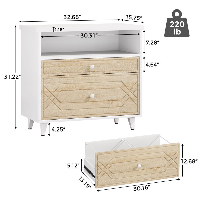 Marnella 32.68'' Wide 2 - Drawer File Cabinet with Shelf, Light Brown