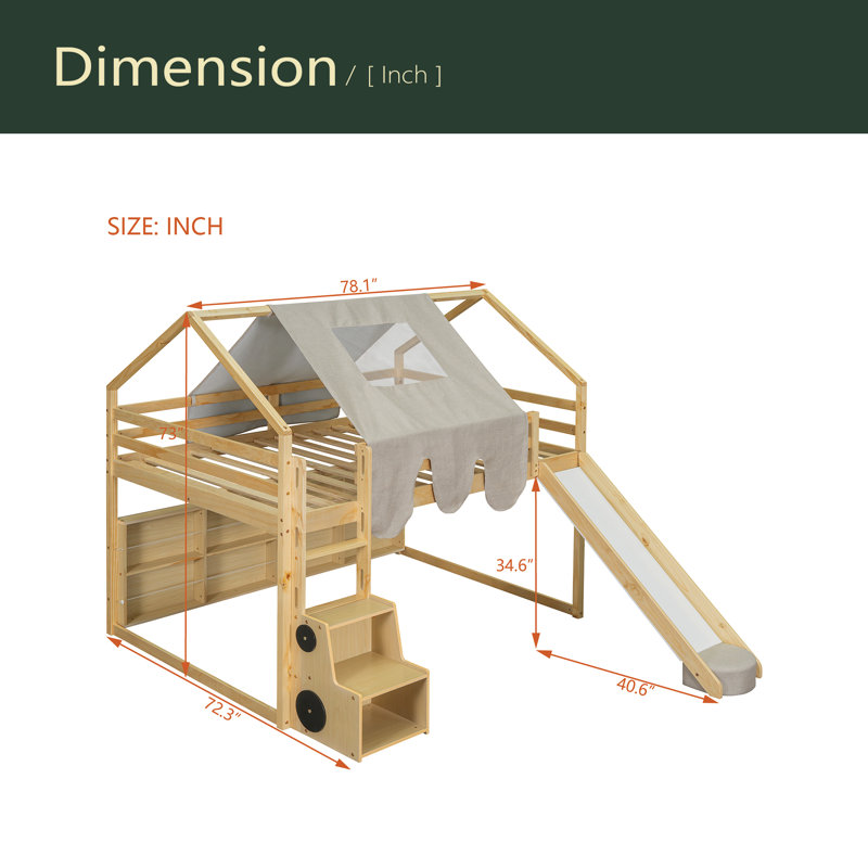 Cadre de lit mezzanine en bois avec tente, Lit double, Beige / Naturel