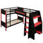 Lit superposé simple en L avec lit de mezzanine pour 3 personnes, bureau intégré, tablettes et DEL, cadre en bois de pin et en panneau de fibres à densité moyenne, noir et rouge