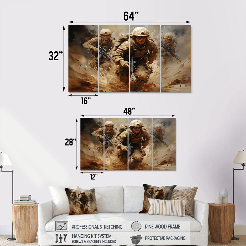Désert militaire du désert - 4 pièces d'art mural sur toile, H 32 po x l 64 po