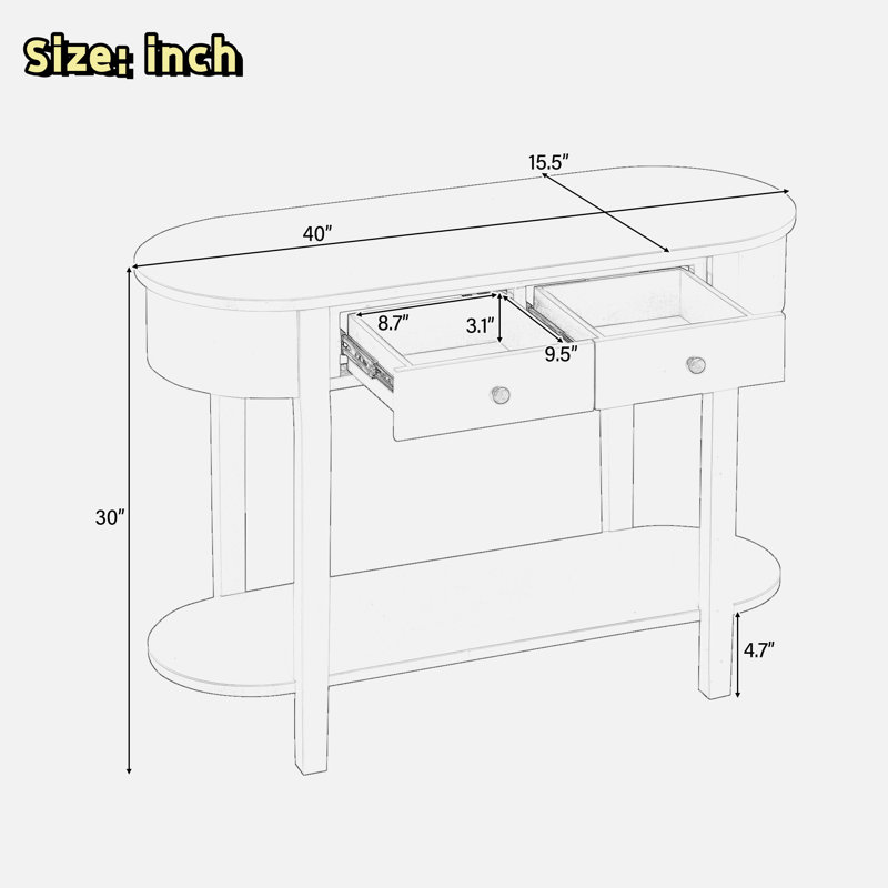 Retro Console Table With Curved Design, Smooth Glaze, 2 Drawers And Metal Handles, Turquoise Green