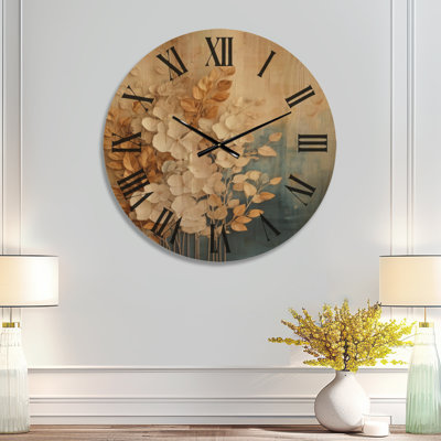 Horloge murale en bois glamour Ivory Blossoms et feuilles dorées