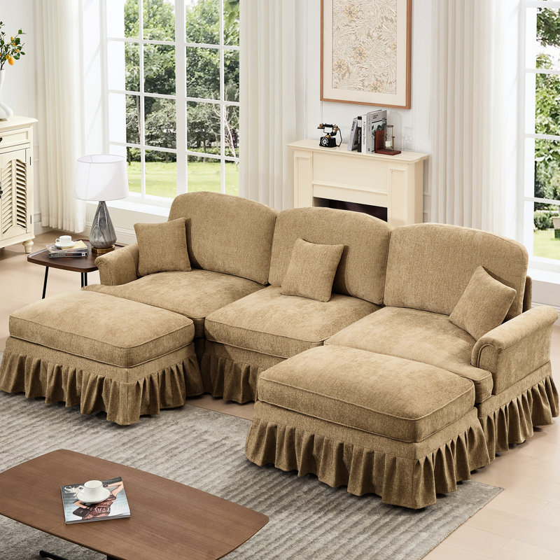 Nuage confortable en forme de U avec accoudoirs évasés, jupes amovibles et pieds fuselés, revêtu de chenille café, volants classiques à rembourrage en mousse haute densité, revêtement en chenille, couleur, multiple