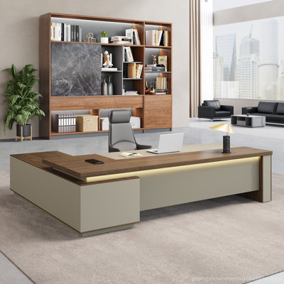 Ensemble de bureau en forme de L et bibliothèque polyvalente en noyer Elegant