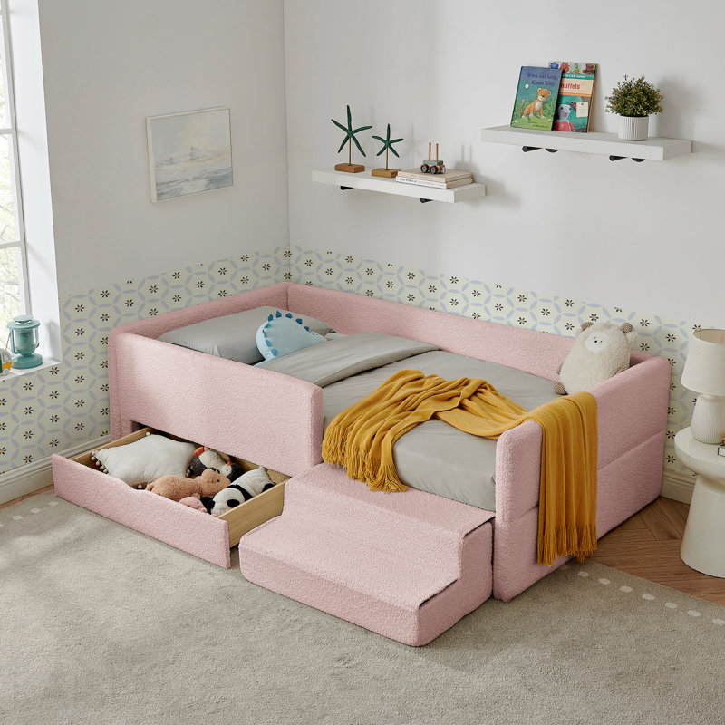 Lit pour enfant multifonctionnel confortable avec garde-corps et rangement, lit simple avec marchepied de sécurité, tissu Boucle