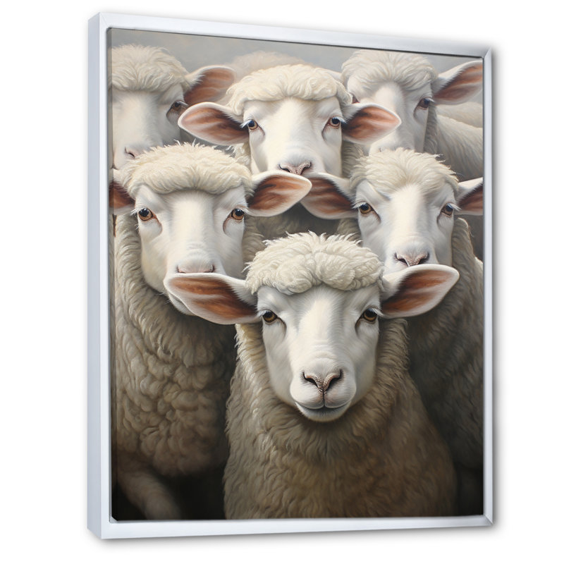 Décoration murale réaliste de moutons - animaux, Cadre flottant blanc, H 40 po x l 30 po x P 1,5 po