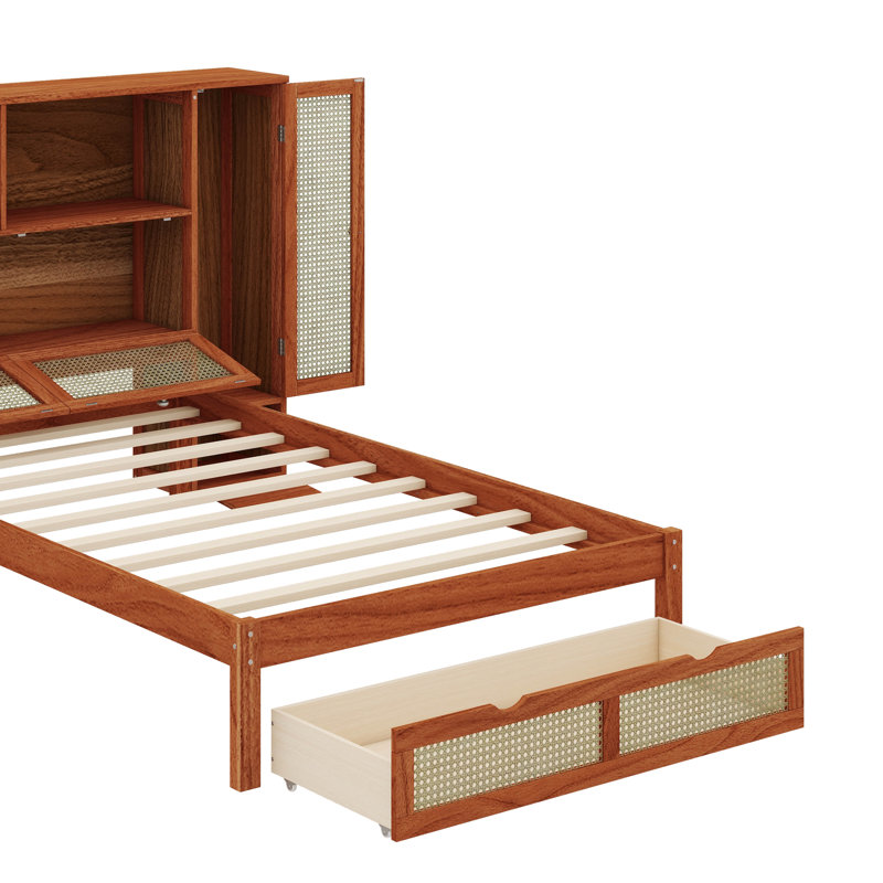 Lit simple fonctionnel en bois avec deux tiroirs de rangement et une tablette intégrée dans la tête de lit, Noyer