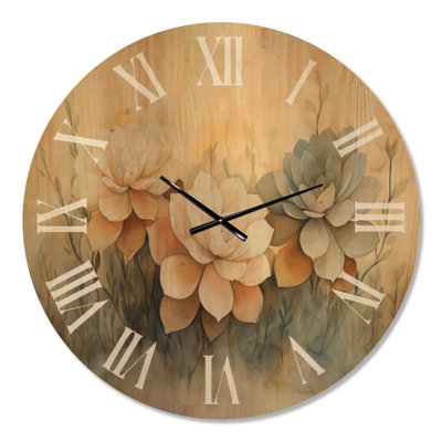 Horloge murale ronde en bois de style bohème, ornée de succulentes dorées