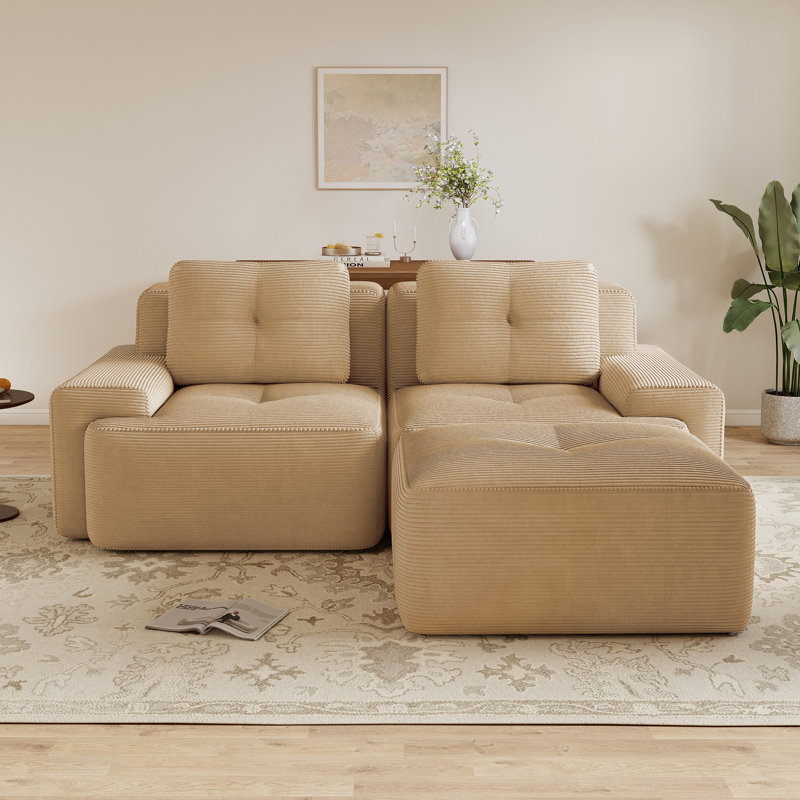 Canapé modulaire moderne en forme de L, tissu de velours côtelé à compression et sans assemblage, Beige