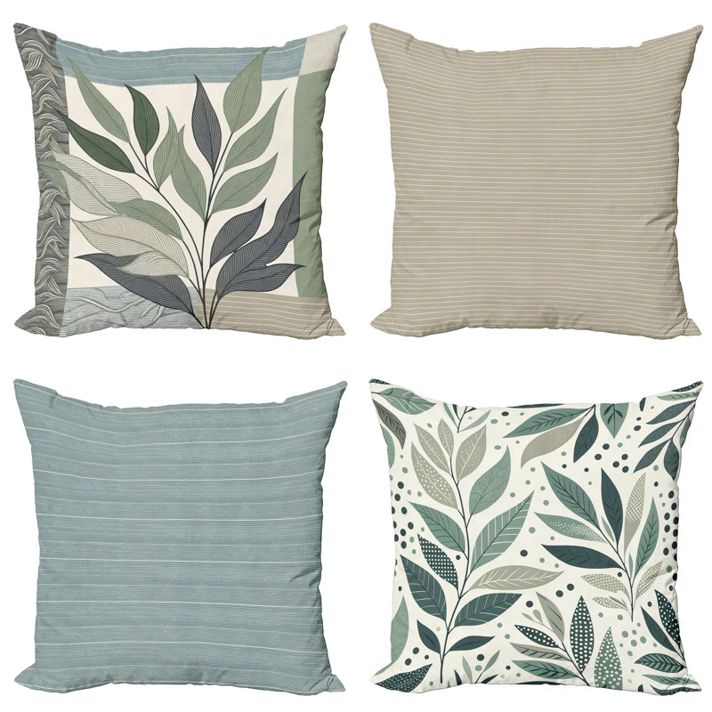 Green Slate Blue and Eggshell Botanical Polyester Euro Pillow Covers