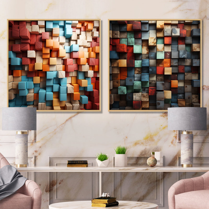 «Blue and Red Abstract Cubes I», ensemble de 2 reproductions d'art sur toile, Encadrement brun, H 30 po x l 61 po x P 1 po