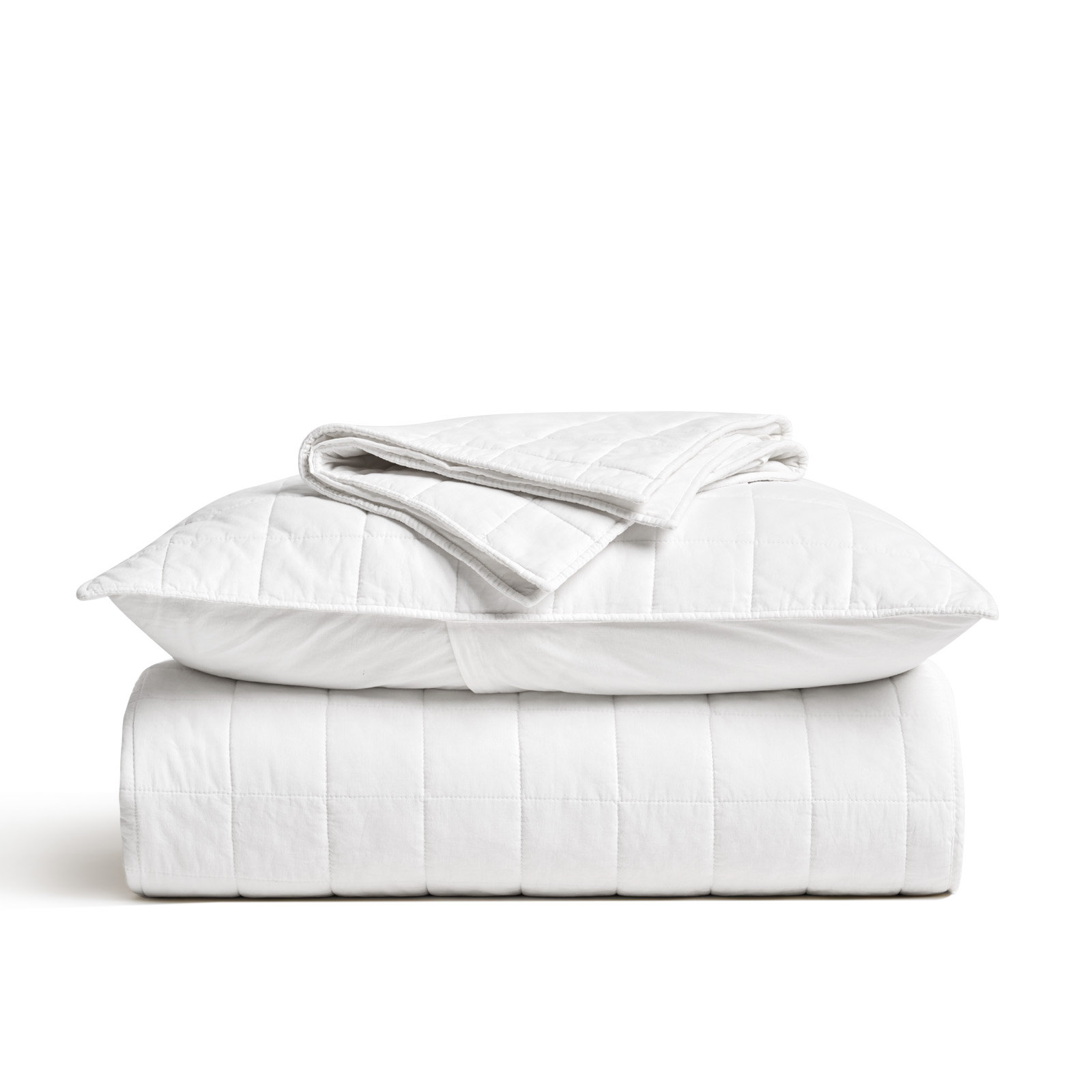 100% Cotton Box Stitch Quilt Set, Queen Quilt + 2 Queen Shams, Bright White