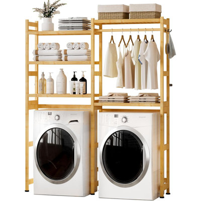 Over The Washer Dryer Storage Shelf 5-tier Bamboo Laundry Rack With Adjustable Shelves Hanging Rod And Hooks Space Saving Organizer For Laundry Room