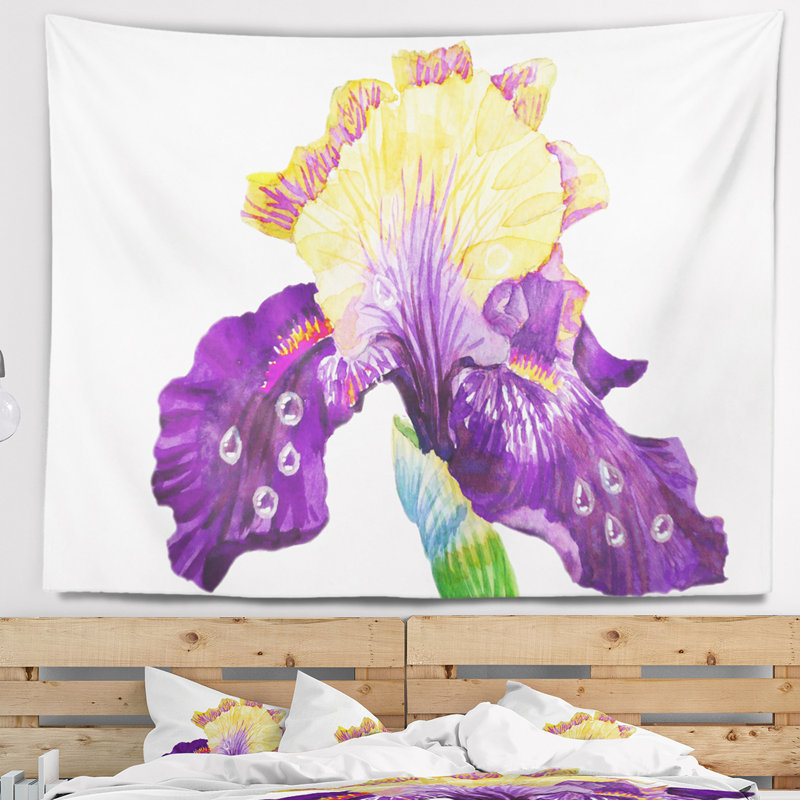 Tapisserie d'iris en fleurs bleues et jaunes, H 68 po x l 80 po