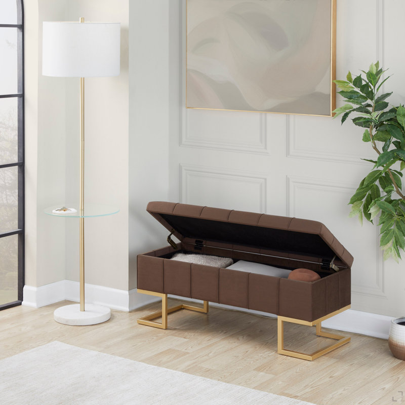 Banc de rangement en acier doré et velours brun