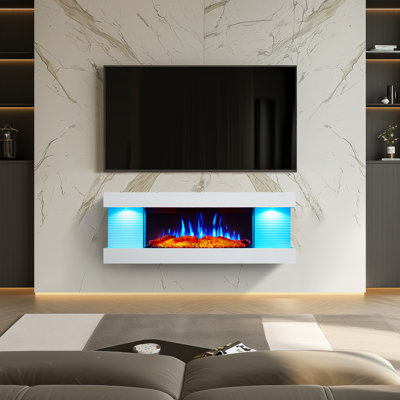 Flora 44" Wall Mounted Electric Fireplace All-in-one With Multi Ambient Light Colors, Remote, 1500w Heater, White, by Puraflame