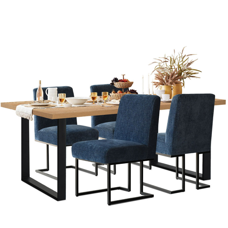 Cederick 4-Person Dining Set with Rectangular Table, Natural, Blue