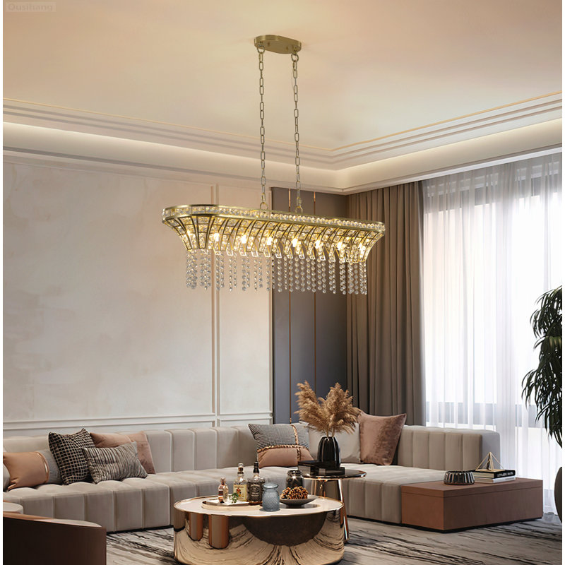 Lustre rectangulaire moderne en cristal avec perles en cascade pour la salle à manger, doré