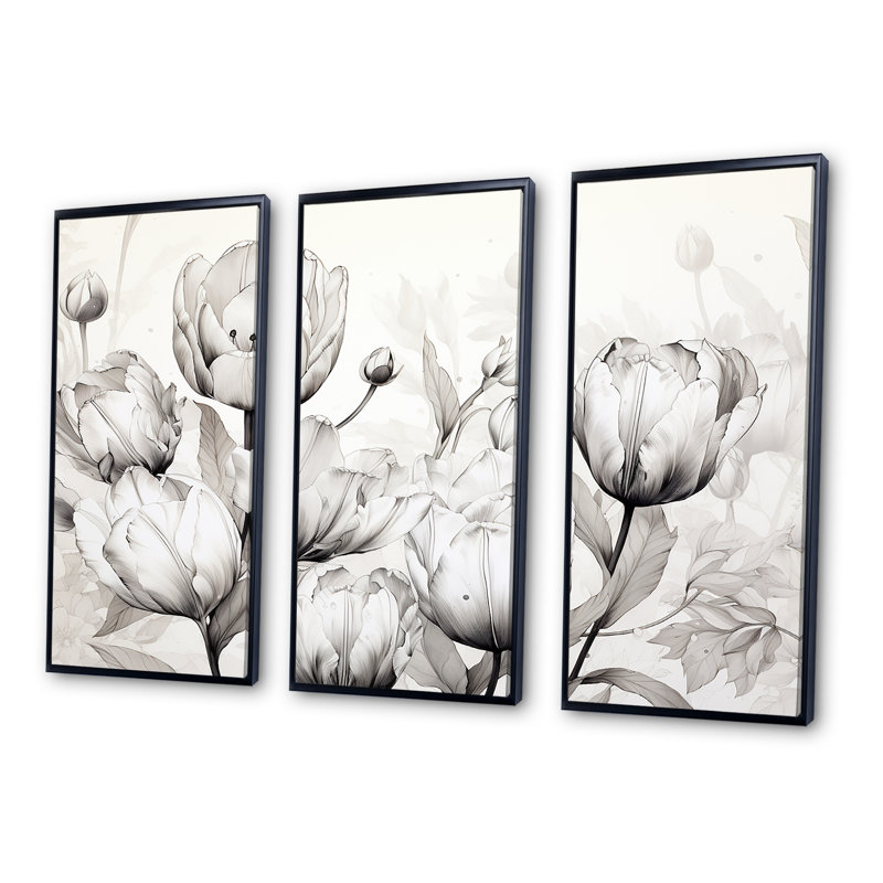 Minimalisme, tulipes noires et blanches, ensemble d'art mural sur toile, Cadre flottant noir, H 32 po x l 48 po x P 1 po