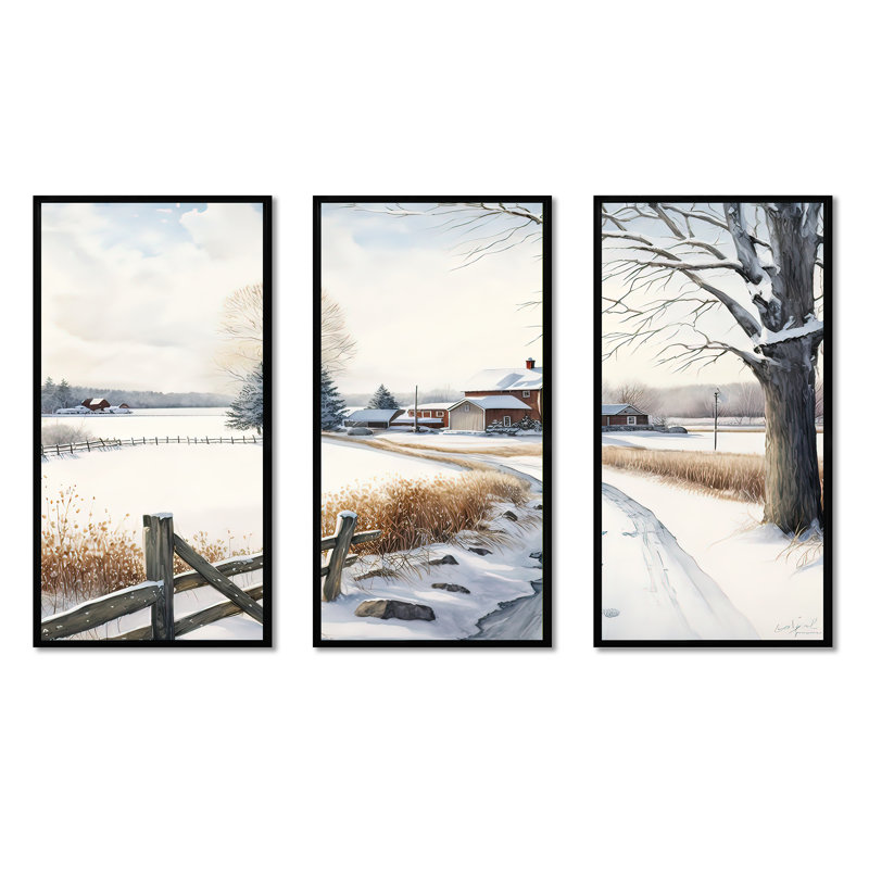 Oklahoma Farm In Winter - ensemble d'art mural sur toile, Cadre noir, H 28 po x l 36 po x P 1 po