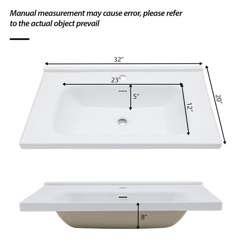 Comptoir de meuble-lavabo simple blanc 32 po x 20 po avec 1 trou de robinet et trop-plein