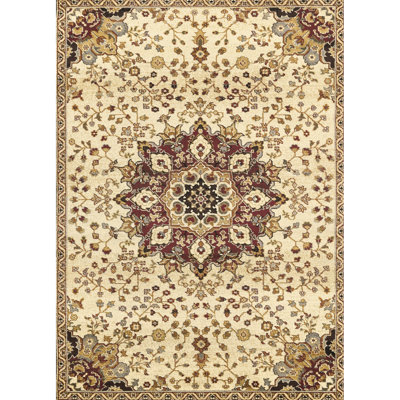 Classic 2 pi. 7 po Tapis crème X 3, motif de médaillon élégant, polypropylène, tapis de 87 po de profondeur, médaillon tendance - avant, hauteur de 0,42 po