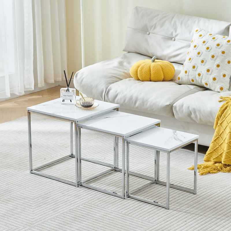 Living Room Nesting Coffee Table Set Of 3 High Glossing Marble Effect, Small Square Side Sofa Table 3 In 1 Nested Table Corner Little End Table Stackable Wood Tabletop With Chrome Frame (Black Marble)