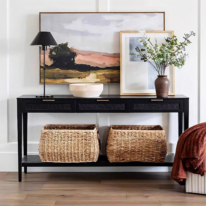 Console d'entrée en bois massif noir avec tiroir, L 55,12 po x P 13,78 po x H 31,5 po, Noir
