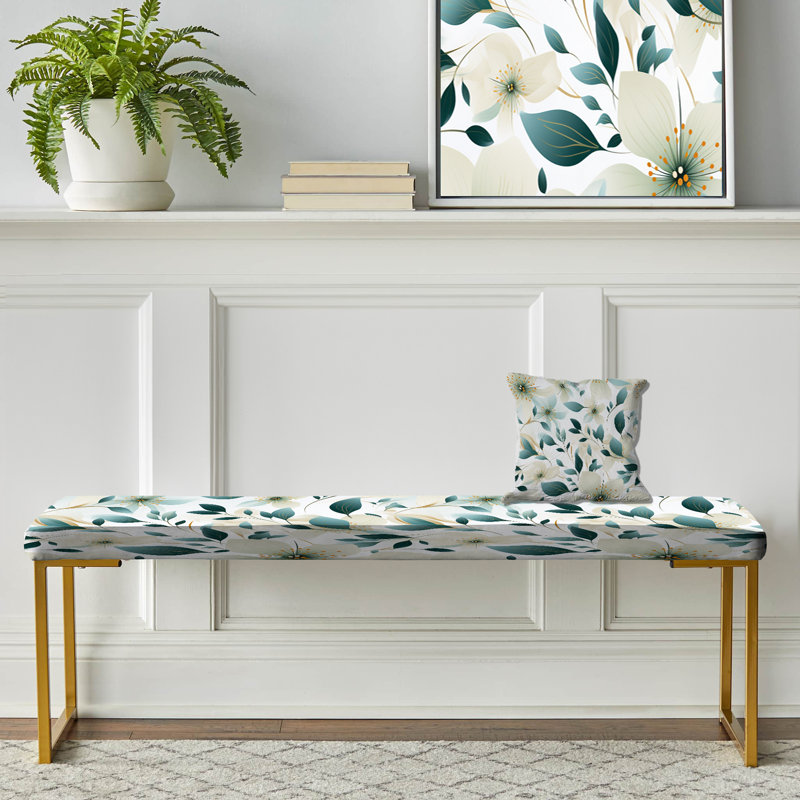 Floral Upholstered Gold Bench, Teal & Ivory Coastal Elegance Floral Pattern III