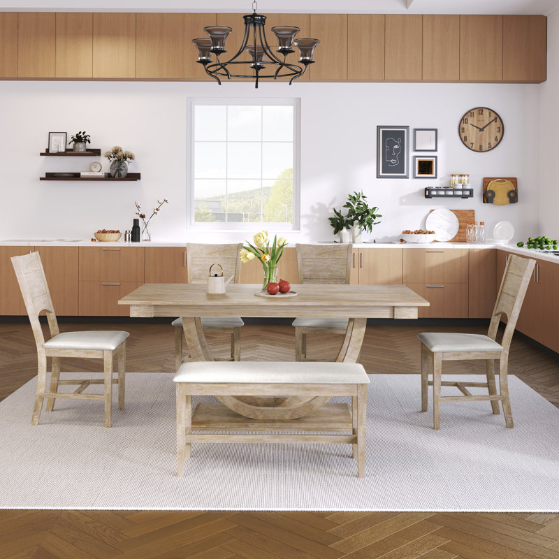 Ensemble de 6 tables de salle à manger en bois 6 pièces avec banc long et 4 chaises, style moderne, naturel