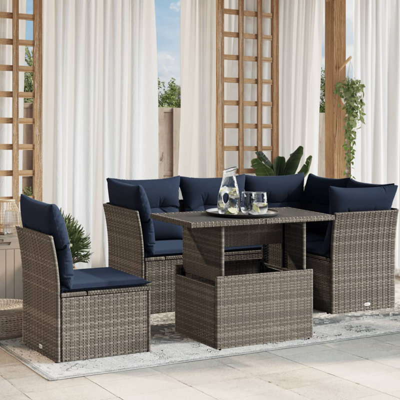 Ensemble de canapé de patio 6 pièces avec coussins en rotin de polyester, Gris, Marine