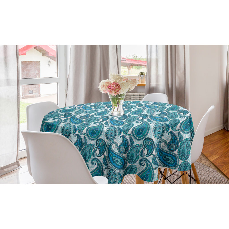 Ambesonne Paisley Round Tablecloth, Ocean Inspired Design With Stripes And Flowers Abstract Background Image Print, Circle Table Cloth Cover For Dining Room Kitchen Decoration, 60", Blue And White