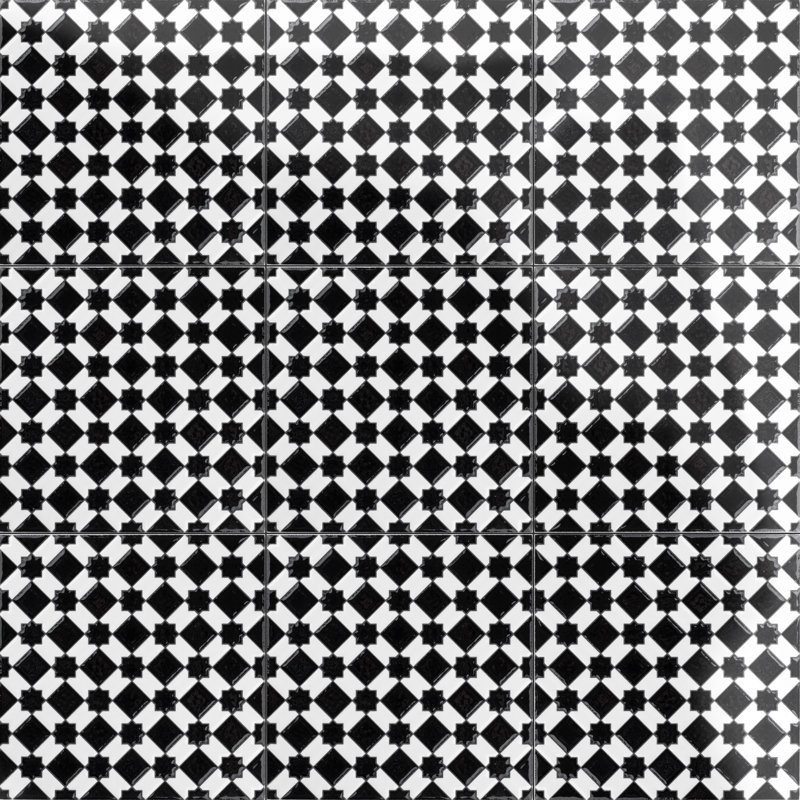 Sevillano Giralda 8" x 8" Ceramic Patterned Tile, Black/White