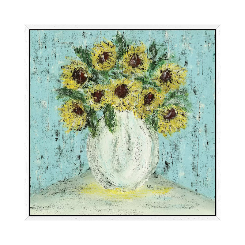 Vase Of Sunflowers by Ashley Bradley - Print on Canvas, 66.04 cm H x 66.04 cm W, White Framed