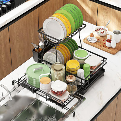 Égouttoir à vaisselle à 2 niveaux, égouttoir à vaisselle pour comptoir de cuisine, égouttoir à vaisselle extensible avec égouttoir, égouttoir à vaisselle extensible pour comptoir de cuisine avec porte-couverts, porte-couverts amovible