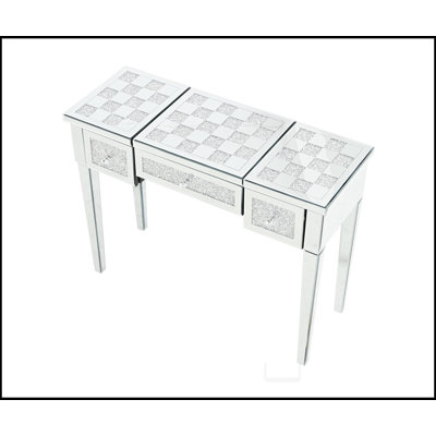 Mirrored Makeup Vanity Desk with Crushed Diamond Inlay, Silver Dressing Table with Flip-Top Mirror, Glass Console Table for Bedroom, Entryway, Dressing Room