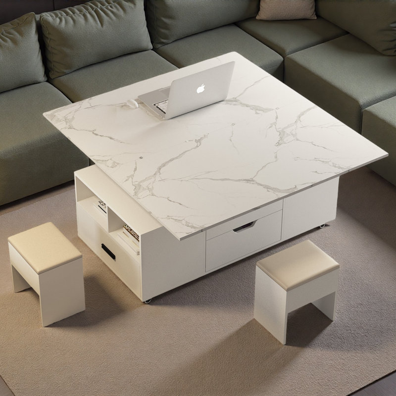 Table basse relevable moderne avec 2 tabourets, rangement caché, tiroirs et table pliante