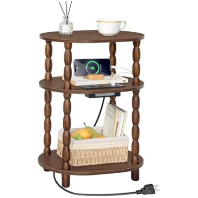 Table d'appoint noire avec station de recharge, petite table ovale à 3 niveaux avec ports USB et prise électrique, table de chevet moderne en bois pour salon ou chambre, noire