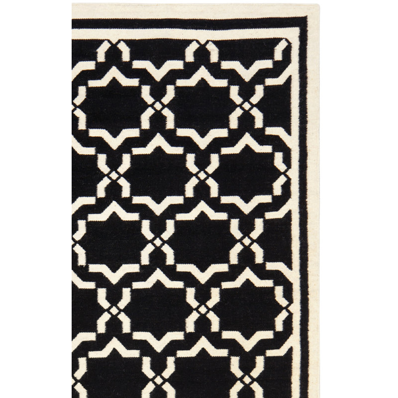 Rodgers Hand Woven Flat Weave Wool/Cotton Geometric Rug in Black/Ivory, Runner 2'6" x 10'
