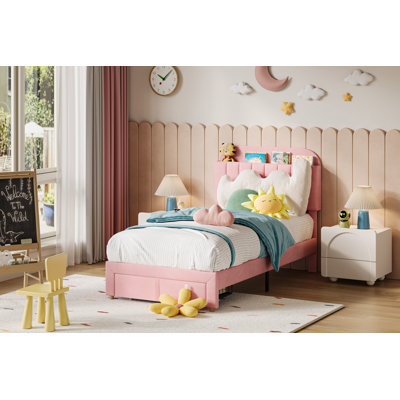 Twin Size Bed Frames With Storage Headboard, Velvet Upholstered Platform Bed Frame With Strong Wooden Slats
