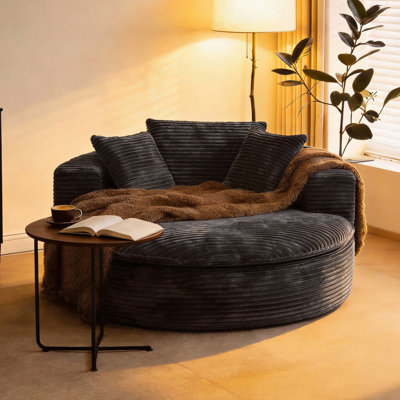 Oversized Round Chaise Lounge Chair & Sleeper Sofa Bed | Modern Corduroy Upholstery with Foam Cushioning, No Assembly Required, Suitable for Bedroom, Cozy Round Couch for Small Spaces, Fabric with Memory Foam, Pillow-Back Style