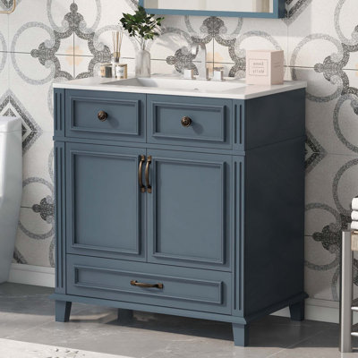 Meuble-lavabo de style rétro de 30 pouces avec lavabo en céramique et structure en bois massif, avec portes à fermeture douce pour un fonctionnement silencieux