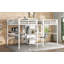 Lit mezzanine simple au-dessus d'un lit simple en métal avec bureau double, armoire et tablettes avec prise de courant