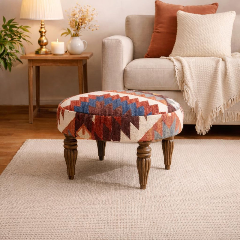Repose-pieds décoratif rembourré | Repose-pieds fabriqué à la main à motif tribal Kilim | 24 po x 16,5 po