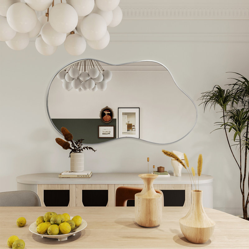 Modern Asymmetrical Wall Mirror with Metal Frame, Irregular Decorative Mirror for Bathroom, Bedroom, Living Room & Entryway, Silver